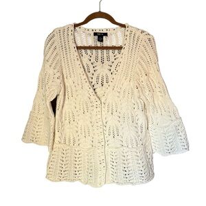 XL Chunky Open Knit White Cream Peplum Cardigan Sweater Casual Cozy Warm Preppy